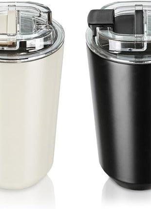 Puraville 2 Pack Insulated Tumblers with Lid, 14 oz Travel Coffee Mug Stainless Steel Vacuum Cup, Leak Proof Double Walled Coffee Tumbler for Iced and Hot Drinks, Black and Cream