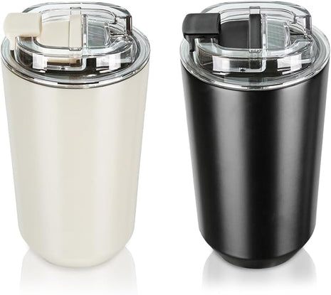 Puraville 2 Pack Insulated Tumblers with Lid, 14 oz Travel Coffee Mug Stainless Steel Vacuum Cup, Leak Proof Double Walled Coffee Tumbler for Iced and Hot Drinks, Black and Cream