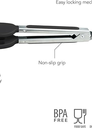 Tovolo Waffle Tongs Mini Silicone Kitchen Tongs for Cooking Serving, Flat Stainless Steel Small Tongs with Silicone Tips for Salads Belgian Waffles Air Fryer Appetizers Dishwasher Safe Black