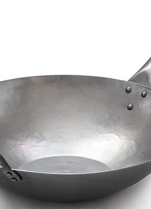 Craft Wok Flat Hand Hammered Carbon Steel Pow Wok with Wooden and Steel Helper Handle (14 Inch, Flat Bottom) / 731W316