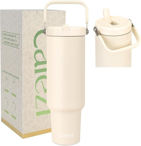 50oz Insulated Tumblers, Stainless Steel Water Bottles with Flip Straw and Top Handle, Leak Proof, No Sweat, Fits in Cup Holder, Vacuum Insulated Cup for Home, Office, Outdoors, Car