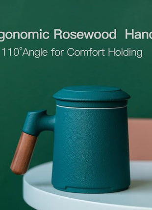 ZENS Tea Cup with Infuser and Lid, 12oz Green Tea Mug for Loose Leaf Tea Steeper, Wood Handle Tea Cup with Fine Tea Strainers Hot Diffusers, Ceramic Mugs Accessories for Tea Lovers Gifts