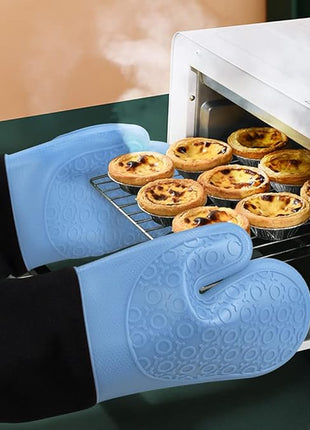 sungwoo Extra Long Silicone Oven Mitts, Heat Resistant Oven Gloves with Quilted Liner Non-Slip Textured Grip Perfect for BBQ, Baking, Cooking and Grilling - 1 Pair 14.6 Inch Sky Blue & Black