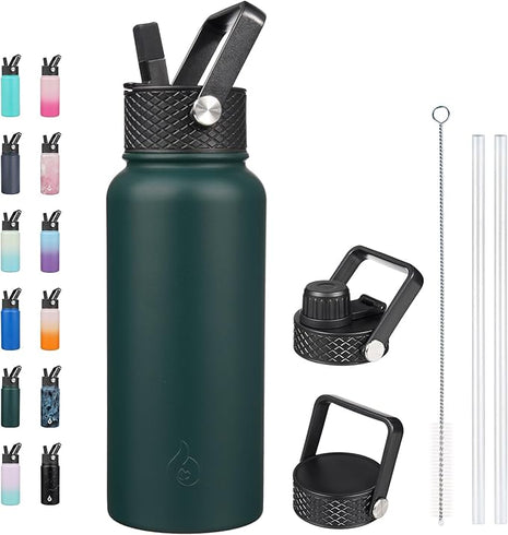 BJPKPK Insulated Water Bottles with Straw Lid, 32oz Metal Large Water Bottle with 3 Lids, Reusable Leak Proof BPA Free Thermo, Stainless Steel Tumblers for Sports, Gym, Travel-Army Green
