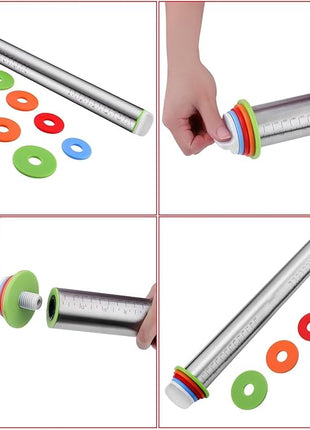 Stainless Steel Rolling Pin and Silicone Mat Set, Adjustable Thickness Rings - For Baking Dough, Pizza, Pies, Pastries, Pasta, Cookies