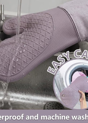 Professional Microwave Silicone Oven Mitts one Pair, Kitchen Mitten Set for Heat Resistant with 500 Degrees, Kitchen Gloves Pot Holder for BBQ Cooking Baking (Purple)