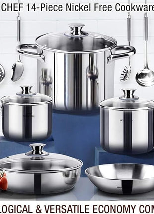 HOMICHEF 14-Piece Nickel Free Stainless Steel Cookware Set - Nickel Free Pots and Pans Set - Non-Toxic, Healthy Induction Cookware