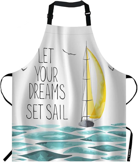 EKOBLA Let Your Dreams Set Sail Aprons Sailboat Seagull Sea Adventure Trip Wave Waterproof Resistant Chef Cooking Kitchen BBQ Adjustable Aprons for Women Men 27x31 Inch