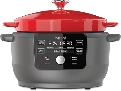 Instant Pot Electric Round Dutch Oven,6-Quart 1500W,From the Makers of Instant Pot,5-in-1: Braise,Slow Cook,Sear/Sauté,Food Warmer,Cooking Pan,Enameled Cast Iron,Included Recipe Book,Red