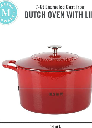 MARTHA STEWART Gatwick 7-Quart Enamel Cast Iron Dutch Oven – Red Ombre – Heavy-Duty Dutch Oven for Slow Cooking, Braising & Baking