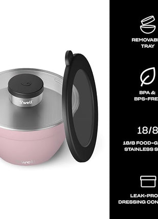 S’well Stainless Steel 64oz Salad Bowl Kit, Pink Topaz Color, Comes with 2oz Mini Canister and Removable Tray for Organization, Leakproof and Dishwasher Safe