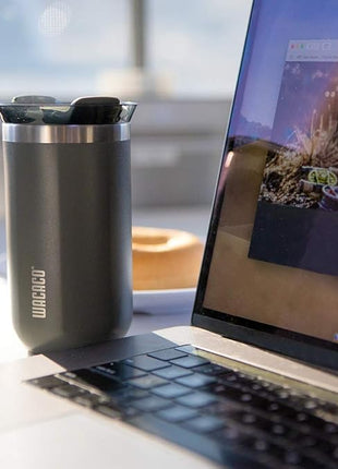 WACACO Octaroma Lungo Vacuum Insulated Coffee Mug, Double-wall Stainless Steel Travel Tumbler With Drinking Lid, 10 fl oz(300ml)， Dim Grey