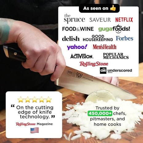 DALSTRONG Chef Knife - 8 inch Blade - Gladiator Series ELITE - Forged HC German Steel Chef's Knife - Razor Sharp Kitchen Knife - Professional Full Tang Knife - Black G10 Handle - Sheath -NSF Certified