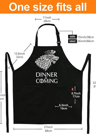 Grill Aprons for Men Women, Dinner is Coming Kitchen Chef Apron with 2 Pockets and 40" Long Ties, Adjustable Bib Apron for Cooking, BBQ, Baking, Gardening, Black