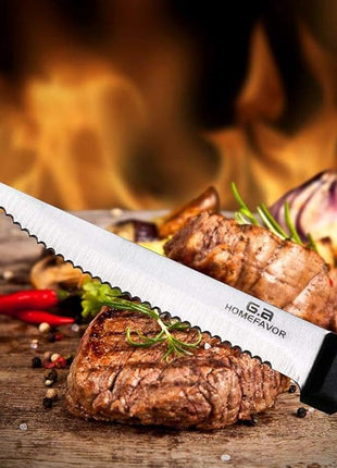 G.a HOMEFAVOR Steak Knife Set Stainless Steel, 8 Pieces Full Tang Sharp Serrated Knives Cutlery Set, Black