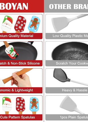 BOYAN Christmas Silicone Spatula, Set of 4, Christmas Spatulas with Wooden Handle for Baking, Kitchen Utensils Baking Supplies for Cooking, Gifts and Decoration