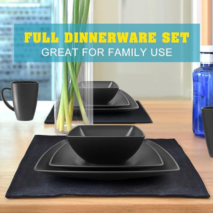 Teivio 32-piece Plastic Kitchen Wheat Straw Square Dinnerware Sets,Service for 8, Unbreakable Dinner Plates, Salad Plates, Snack Bowls, Mugs,Dishwasher Safe,Camping Dishes,Black