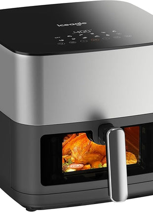 Iceagle Stainless Steel Air Fryer 9 Quart - Airfryer XXL with Large Viewing Window, Dual Heating Elements, 12-in-1 Function to Roast, Bake, Broil, Defrost, Reheat, Dishwasher-Safe Parts, 1700W, Siver