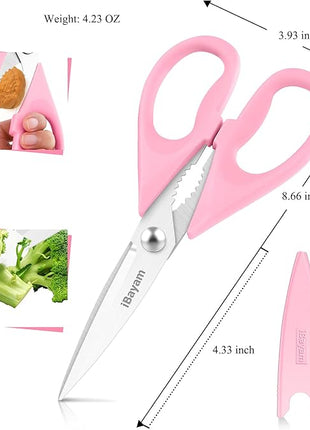 iBayam Kitchen Scissors - All Purpose Heavy Duty Meat Scissors, Poultry Shears, Dishwasher Safe, Stainless Steel, 2-Pack, Pastel Pink, Mint Blue