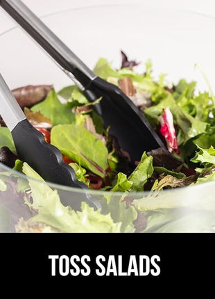 GORILLA GRIP Stainless Steel Heat Resistant Kitchen Tongs for Cooking, 7 + 12 Inch Set of 2 BBQ Tong, Non Scratch Silicone Tip for Pan, Strong Grip, Grab Food, Toss Salad, Air Fryer, Pull Lock, Black