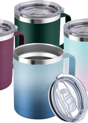 MEWAY 12oz Coffee Mug With Handle 2 Pack Bulk,Stainless Steel Insulated Travel Tumblers With Sliding Lid,Double Wall Vacuum Camping Cup for Hot & Cold Drinks Tea (Forest Green&Plum,Set of 4)
