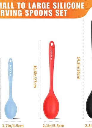 3 Pcs Silicone Spoons Set of 7.9 10.6 14.2 inch for Cooking, Heat Resistant Kitchen Spoons for Mixing, Stirring, and Serving, Small to Large Non Stick (Black & Red & Blue)