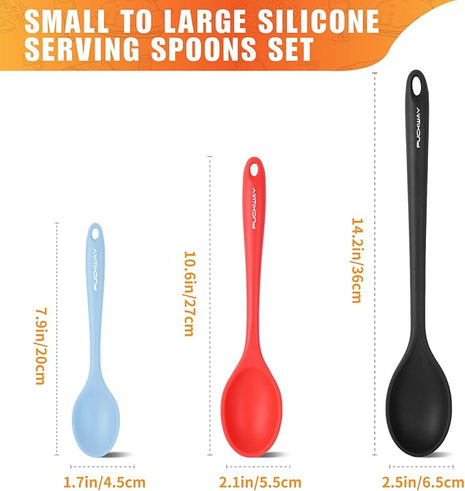 3 Pcs Silicone Spoons Set of 7.9 10.6 14.2 inch for Cooking, Heat Resistant Kitchen Spoons for Mixing, Stirring, and Serving, Small to Large Non Stick (Black & Red & Blue)