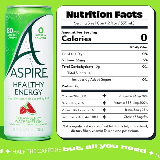 ASPIRE® Strawberry Watermelon, Healthy Energy Drink 80mg Natural Caffeine, Zero Sugar No Carbs Keto Friendly, 24 Pack Green Tea Sugar Free Drink Low Caffeine Zero Calorie