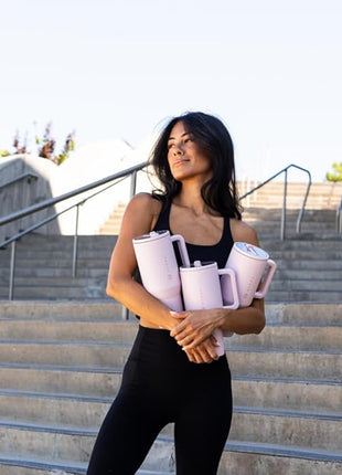 HydroJug Traveler - 40 oz Water Bottle with Handle & Flip Straw - Fits in Cup Holder, Leak Resistant Tumbler-Reusable Insulated Stainless Steel & Rubber Base - Gifts for Women & Men, Pink Sand