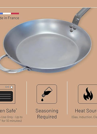 De Buyer MINERAL B Carbon Steel Fry Pan - 12.25” Diameter, 9” Cooking Surface - Ideal for Searing, Sauteing & Reheating - PFAS, PFOA & PFOS Free - Made in France