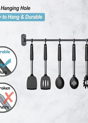 Silicone Spatula and Cooking Spoon,5 Pack Non-Stick Cooking Utensils for Kitchen，Heat Resistant Solid & Slotted Spoons and Spatulas, Stainless Steel Handle Coated with Silicone,Black