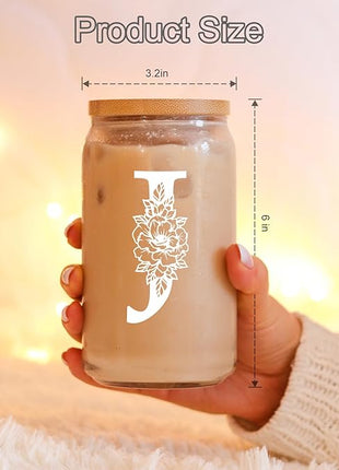 Coolife Initial Glass Cup, Monogrammed Gifts for Women, 16 oz Glass Cups w/Lids Straws, Iced Coffee Smoothie Beer Tumbler w/Straw Lid - Personalized Christmas, Birthday Gifts for Her Mom Friend Woman