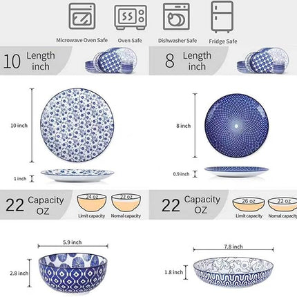 Selamica Ceramic Dinnerware Sets, 16 Pieces Dishes Set for 4, Kitchen Plates and Bowls Sets, Dishwasher & Microwave Safe, Vintage Blue