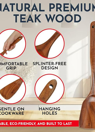 Teak Wooden Utensil Set 6-Piece - Smooth Finish Wooden Spoons for Cooking - Comfortable Grip, Non Scratch Premium Kitchen Wooden Cooking Utensils Set Teak Wood Cooking Utensils