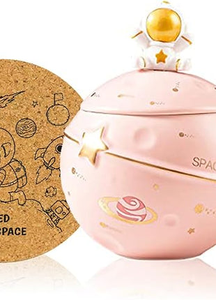 Kawaii Astronaut Cup Space Embossed Planet Mug, Cute Ceramic Coffee Mug, Novelty Mug with Lid and Spoon for Coffee, Tea, Milk, Aesthetic Room Decor Funny Gift for Girl Boy Women((Pink)