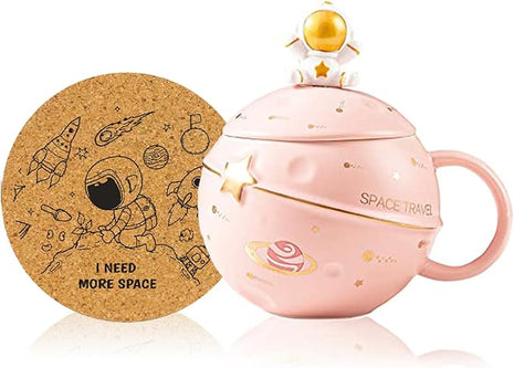 Kawaii Astronaut Cup Space Embossed Planet Mug, Cute Ceramic Coffee Mug, Novelty Mug with Lid and Spoon for Coffee, Tea, Milk, Aesthetic Room Decor Funny Gift for Girl Boy Women((Pink)
