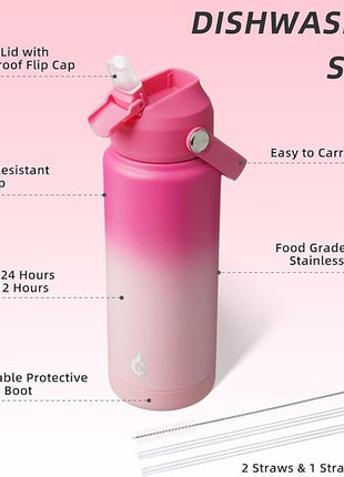 BJPKPK Water Bottle with Straw Lid, 24oz Vacuum Insulated Water Bottles, Metal Stainless Steel Thermo for Sports, Travel, BPA Free Leak Proof Thermo, Cups, Flasks, Tumblers,Cherry