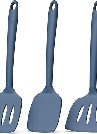 Coukre 3 Pack Silicone Spatula Set, High Heat Resistant, BPA-Free, Fish Spatula, Solid & Slotted Turner for Non-Stick Pans, Flipping Eggs, Pancakes, Fish, Burgers (3, PureDarkBlue)
