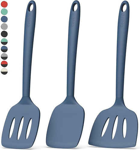 Coukre 3 Pack Silicone Spatula Set, High Heat Resistant, BPA-Free, Fish Spatula, Solid & Slotted Turner for Non-Stick Pans, Flipping Eggs, Pancakes, Fish, Burgers (3, PureDarkBlue)