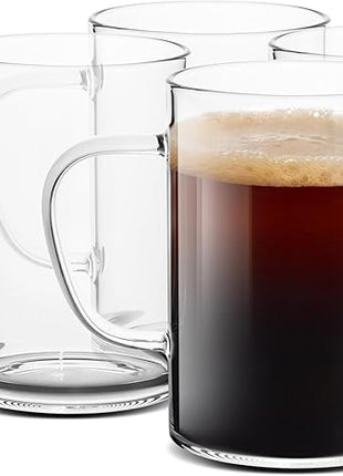 LUXU Glass Coffee Mugs 16 oz,Set of 4 Large Glass Coffee Cups Clear Tea Cups,Iced Coffee Glasses,Lead-Free Drinking Glasses for Water,Cappuccino,Latte,Cereal,Yogurt,Milk-Flat Bottomed Design