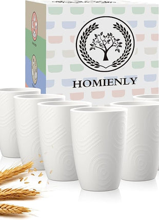 Homienly Drinking Cups 12 OZ Wheat Straw Cup Sets of 6 Reusable Water Drinking Glasses Dishwasher Safe Water Glasses Lightweight Tumbler for Kitchen - White
