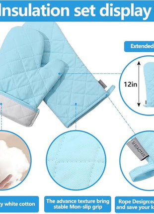 Oven Mitts and Pot Holders 4 pcs Set,High Heat Resistant 500 Degree Extra Thicken Long Kitchen Cotton Oven Glove for Cooking (12 Inch,Light Blue)