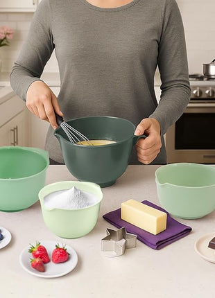 Glad Mixing Bowls with Pour Spout, Set of 4 - Nesting Plastic Bowls (1.2qt, 1.9qt, 2.8qt, and 3qt with Handle) - Non Slip Base, Dishwasher Safe Kitchen Cooking and Baking Supplies, Green