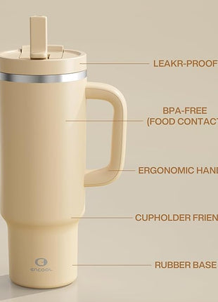 ENCOOL 40 oz Tumbler with Handle and Straw: Stainless Steel Insulated Tumbler Keeps Cold for 24 Hours, Leakproof Travel Cup Fits in Cup Holder and BPA-Free, Indian Khaki