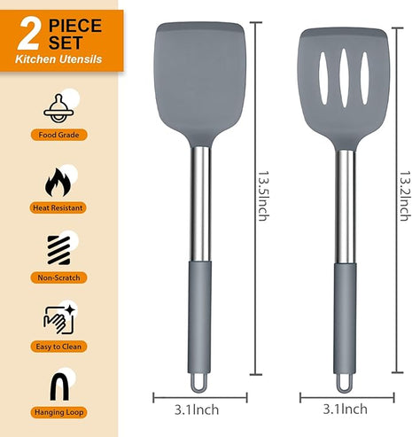 Silicone Spatula Set of 2, E-far Solid & Slotted Turner for Nonstick Cookware, Heat Resistant Rubber Kitchen Cooking Utensils for Flipping Fish Pancake Egg - Grey