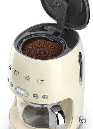 Smeg 50's Retro Style Aesthetic Drip Coffee Machine with 10 Cup Glass Carafe, Auto Start Feature, Keep Warm Plate, and Two Coffee Strength Settings (Cream)