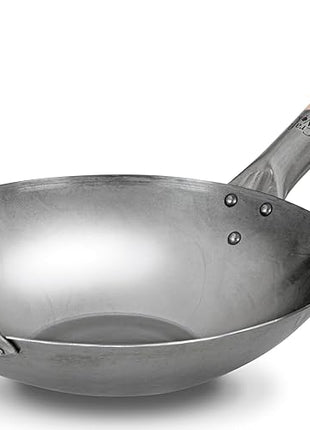 Craft Wok Flat Hand Hammered Carbon Steel Pow Wok with Wooden and Steel Helper Handle (12 Inch, Flat Bottom) / 731W316-12in