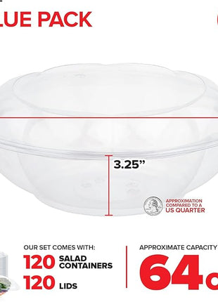 Stock Your Home 64 oz Clear Plastic Salad Bowls with Lids Disposable 120 Pack, Extra Large Takeout Containers for Fruit Salads Meal Prep and Parties
