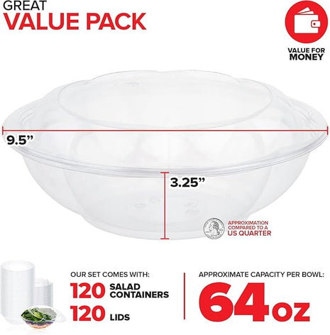 Stock Your Home 64 oz Clear Plastic Salad Bowls with Lids Disposable 120 Pack, Extra Large Takeout Containers for Fruit Salads Meal Prep and Parties