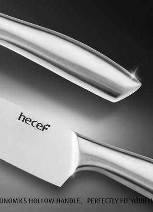 hecef Silver Kitchen knife set of 5, Satin Finish Blade with Hollow Handle, includes 8" Chef, 8" Bread, 8" Santoku, 5" Utility and 3.5" paring knife